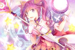 Rule 34 | 1girl, aisha landar, arm up, back bow, bare shoulders, bow, breasts, cleavage, collarbone, commentary request, crescent, criss-cross halter, curly hair, detached collar, dimension witch (elsword), elsword, gloves, hair ornament, hairclip, halterneck, heart, holding, holding staff, long hair, looking at viewer, magic, magic circle, magical girl, open mouth, pixiv13573939, purple eyes, purple hair, purple skirt, red bow, skirt, smile, solo, staff, star (symbol), twintails, white gloves