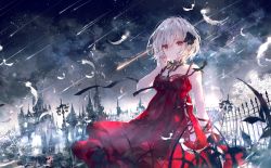 Rule 34 | 1girl, album cover, bare arms, bare shoulders, black ribbon, blurry, blurry foreground, breasts, building, clothing cutout, cloud, cloudy sky, commentary request, cover, depth of field, dress, falling star, feathers, fence, hair between eyes, hair ribbon, hand up, highres, lamppost, looking at viewer, night, night sky, onineko, original, outdoors, red dress, red eyes, ribbon, short hair, side cutout, sky, sleeveless, sleeveless dress, small breasts, solo, tower, tree, white feathers, white hair