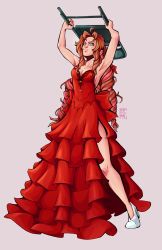 Rule 34 | 1girl, :t, absurdres, aerith gainsborough, aerith gainsborough (red dress), armpits, arms up, bare shoulders, braid, breasts, brown hair, chair, cleavage, dress, final fantasy, final fantasy vii, final fantasy vii remake, folding chair, frilled dress, frills, full body, gathers, green eyes, high heels, highres, holding, jewelry, long dress, long hair, medium breasts, meme, multicolored hair, necklace, patmakesart, pink background, pink hair, pumps, red dress, shoes, side slit, sidelocks, signature, simple background, sleeveless, sleeveless dress, solo, standing, twin braids, very long hair, wall market, white footwear