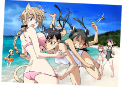 Rule 34 | 6+girls, agahari, ahoge, alternate costume, animal ears, ass, bare shoulders, barefoot, beach, between breasts, bikini pull, black hair, blonde hair, blue eyes, blush, bow, braid, breasts, brown eyes, brown hair, bug, butt crack, cat ears, cat tail, cleavage, closed eyes, clothes pull, cloud, day, dog ears, dragonfly, erica hartmann, eyepatch, eyepatch lift, francesca lucchini, gertrud barkhorn, grin, hair bow, hair ribbon, head between breasts, horizon, innertube, insect, large breasts, long hair, lynette bishop, minna-dietlinde wilcke, multicolored hair, multiple girls, ocean, one-piece swimsuit, open mouth, outdoors, panties, ponytail, pulling another&#039;s clothes, red hair, ribbon, sakamoto mio, school swimsuit, single braid, sky, smile, strike witches, striped clothes, striped panties, sweatdrop, swim ring, swimsuit, tackle, tail, twintails, two-tone hair, underwear, wading, white one-piece swimsuit, white school swimsuit, world witches series, yellow eyes