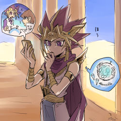 Rule 34 | 3boys, apollo hotori, armlet, atem, blonde hair, blue eyes, brown hair, cape, cellphone, closed mouth, dated, dyed bangs, earrings, egypt, egyptian, egyptian clothes, gold, hatching (texture), holding, holding phone, jewelry, kaiba seto, multicolored hair, multiple boys, muto yugi, necklace, outdoors, phone, pillar, purple cape, purple eyes, purple hair, sand, signature, spiked hair, standing, yu-gi-oh!, yu-gi-oh! the dark side of dimensions