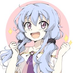 Rule 34 | 1girl, artist name, bad id, bad twitter id, beyblade, beyblade: burst, blue hair, character name, highres, jewelry, korean text, kymhotii, long hair, nishiro nya, open mouth, pink shirt, purple eyes, self-upload, shirt, short twintails, simple background, twintails, waistcoat