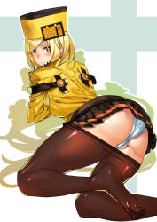 Rule 34 | 1girl, ashiomi masato, ass, blonde hair, blue eyes, blush, clothes pull, commentary request, dress, fur hat, guilty gear, guilty gear xrd, hat, millia rage, panties, pantyhose, pantyhose pull, pleated skirt, skirt, solo, underwear, ushanka, yellow dress, yellow hat