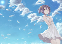 Rule 34 | 1girl, bare arms, bare shoulders, blue eyes, breasts, brown hair, cloud, cloudy sky, collarbone, cowboy shot, day, dress, feathers, from below, hair ornament, hair scrunchie, hand on own chest, lens flare, looking at viewer, looking down, momo no kanzume, original, outdoors, pleated dress, scrunchie, short hair, sky, sleeveless, sleeveless dress, small breasts, smile, solo, sun, sundress, twintails, white dress