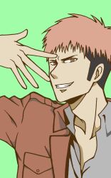 Rule 34 | 1boy, arm up, black outline, breast pocket, brown eyes, brown hair, brown jacket, collarbone, collared jacket, commentary request, flat color, green background, grey shirt, grin, hand on own face, highres, jacket, jean kirstein, looking at viewer, male focus, military uniform, mutsuki nanaho, outline, pocket, scene reference, shingeki no kyojin, shirt, short hair, simple background, smile, smug, solo, uniform, upper body, very short hair
