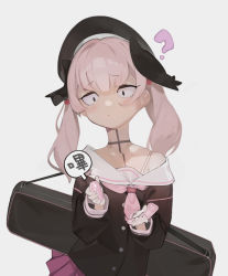 Rule 34 | 1girl, ?, absurdres, bag, beret, black hat, black shirt, black wings, blue archive, blush, constricted pupils, egg vibrator, feathered wings, hat, head wings, highres, koharu (blue archive), long hair, low twintails, neckerchief, off shoulder, pink eyes, pink hair, pink neckerchief, pink skirt, sailor collar, sex toy, shirt, shoulder bag, simple background, single bare shoulder, skirt, solo, twintails, upper body, vibrator, watarumi, white sailor collar, wings