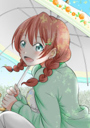 Rule 34 | 1girl, absurdres, aqua eyes, artist name, artist request, blue eyes, blue sky, blush, bow, bracelet, braid, breasts, brown hair, cloud, collarbone, day, dress, emma verde, female focus, flower print, freckles, green bow, green sweater, hair between eyes, hair bow, highres, holding, holding umbrella, jewelry, long hair, looking at viewer, love live!, love live! nijigasaki high school idol club, love live! school idol festival, love live! school idol festival all stars, medium breasts, necklace, outdoors, parted lips, pearl bracelet, red hair, short hair, sideboob, skirt, sky, smile, solo, squatting, sweater, twin braids, twintails, umbrella, white dress, white skirt, yousolo