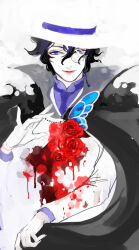 Rule 34 | 1boy, black cape, black hair, blending, blood, blood on clothes, blood splatter, blue eyes, blue necktie, bungou to alchemist, butterfly brooch, cape, cape tug, edogawa ranpo (bungou to alchemist), eyeshadow, flower, gloves, hair between eyes, hand up, hat, high collar, ichimoku (tansio5), jacket, lips, makeup, male focus, monocle, necktie, parted lips, purple shirt, red eyeshadow, red flower, red rose, rose, shirt, short hair, single glove, smile, solo, straight-on, suit jacket, top hat, upper body, white background, white gloves, white jacket