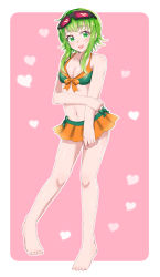 Rule 34 | 1girl, absurdres, bikini, bikini skirt, blush, breasts, cleavage, commentary, full body, goggles, goggles on head, green bikini, green eyes, green hair, gumi, heart, heart background, highres, holding own arm, light blush, looking at viewer, multicolored bikini, multicolored clothes, navel, open mouth, orange bikini, pink background, red goggles, short hair with long locks, sidelocks, smile, solo, supo01, swimsuit, vocaloid