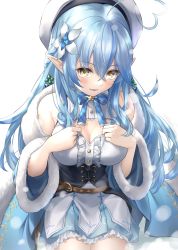 Rule 34 | 1girl, ahoge, belt, beret, blue hair, blue skirt, blush, bow, bowtie, breasts, cleavage, coat, from above, fur-trimmed coat, fur trim, half updo, hat, heart, heart ahoge, highres, hololive, long hair, looking at viewer, off-shoulder coat, off shoulder, open mouth, pleated skirt, pointy ears, simple background, skirt, snowflake print, solo, tsurupy, virtual youtuber, white background, yellow eyes, yukihana lamy