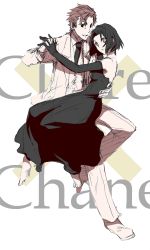 Rule 34 | 00s, 1boy, 1girl, baccano!, bare shoulders, black eyes, black gloves, black hair, brown hair, chane laforet, character name, claire stanfield, dancing, dress, elbow gloves, formal, gloves, hetero, holding hands, looking at viewer, lowres, short hair, simple background, sleeveless, sleeveless dress, suit, white background