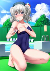 Rule 34 | 10s, 1girl, alternate costume, blue eyes, blue sky, blush, breasts, cleavage, cloud, competition school swimsuit, day, fence, kantai collection, kashima (kancolle), kickboard, kneeling, lane line, large breasts, one-piece swimsuit, outdoors, pool, pool ladder, poolside, school swimsuit, shibata rai, sidelocks, silver hair, sky, solo, strap slip, swimsuit, thighs, tree, tsurime, twintails, wavy hair