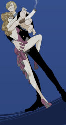 Rule 34 | 1boy, 1girl, alternate costume, alternate hairstyle, black eyes, black nails, blonde hair, blue background, brown hair, cigarette, commentary request, curly eyebrows, dress, facial hair, formal, goatee, high heels, highres, holding, holding cigarette, long hair, looking at viewer, luire61038, nail polish, nami (one piece), one piece, sanji (one piece), short hair, simple background, standing, suit, teeth