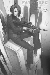 Rule 34 | 00s, absurdres, assault rifle, bullpup, fate/stay night, fate/zero, fate (series), formal, greyscale, gun, highres, hisau maiya, material zero, monochrome, rifle, scan, scope, steyr aug, suit, takeuchi takashi, type-moon, vertical forward grip, weapon