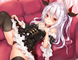 Rule 34 | 1girl, azur lane, bare shoulders, black dress, black panties, clothes lift, collarbone, commentary request, couch, detached sleeves, dress, dress lift, frilled dress, frills, hair between eyes, hair ornament, hair ribbon, highres, kokuto (kurousagi1210), lifting own clothes, long hair, lying, official alternate costume, on back, orange eyes, panties, ribbon, short sleeves, sidelocks, solo, spread legs, strapless, strapless dress, thighhighs, two side up, underwear, vampire (azur lane), vampire (night princess&#039;s regalia) (azur lane), white hair, zettai ryouiki