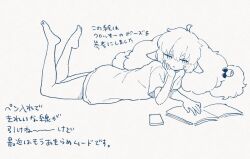 Rule 34 | 1girl, ahoge, animal ears, bare legs, barefoot, bell, book, bow, cellphone, commentary request, elbow rest, full body, hair bell, hair bow, hair ornament, head rest, horizontal pupils, legs up, long hair, looking to the side, low ponytail, low twintails, lying, monochrome, on stomach, open book, original, parted lips, phone, sheep ears, sheep girl, shirt, short sleeves, simple background, sketch, solo, t-shirt, terayamaden, the pose, translation request, twintails