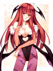 Rule 34 | 1girl, ahoge, animal print, bare shoulders, bat print, bat wings, black leotard, blush, breasts, bridal gauntlets, capcom, clothing cutout, cosplay, embarrassed, female focus, groin, head wings, heart, heart cutout, koakuma, large breasts, leotard, long hair, looking at viewer, low wings, morrigan aensland, morrigan aensland (cosplay), pantyhose, patterned legwear, print pantyhose, red eyes, red hair, shiren, shiren (monochrome structure), simple background, solo, thigh gap, touhou, vampire (game), white background, wings