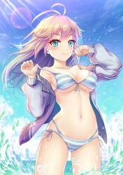 Rule 34 | 1girl, 2raining, antenna hair, aqua eyes, bikini, bikini under clothes, blue sky, blush, breasts, chromatic aberration, cloud, collarbone, cowboy shot, day, fingernails, front-tie bikini top, front-tie top, gluteal fold, groin, hands up, highres, horizon, jacket, lens flare, long hair, looking at viewer, medium breasts, multi-strapped bikini, nail polish, navel, ocean, off shoulder, open clothes, open jacket, original, outdoors, pink nails, pulled by self, purple hair, shiny skin, side-tie bikini bottom, sky, smile, solo, standing, strap pull, striped bikini, striped clothes, sunlight, swimsuit, track jacket, underboob, wading, water drop, waves, wide hips