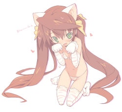 Rule 34 | 10s, 1girl, animal ears, animal hands, animal print, bad id, bad pixiv id, bikini, blade (galaxist), blush, bow, brown hair, cat ears, cat paws, fang, gloves, green eyes, hair bow, heart, huang lingyin, infinite stratos, kemonomimi mode, long hair, paw gloves, paw pose, paw shoes, shoes, simple background, solo, swimsuit, thighhighs, tiger print, twintails, very long hair, white bikini