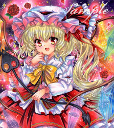 Rule 34 | 1girl, :d, blonde hair, bow, bowtie, cowboy shot, crystal, embellished costume, flandre scarlet, flower, frilled shirt, frills, hand up, hat, hat ribbon, holding, holding weapon, laevatein (touhou), long hair, long sleeves, looking at viewer, marker (medium), mob cap, one side up, open mouth, red eyes, red flower, red ribbon, red rose, red skirt, red vest, ribbon, rose, rui (sugar3), sample watermark, shirt, skirt, skirt set, smile, solo, sparkle, standing, touhou, traditional media, vest, watermark, weapon, white hat, white shirt, wings, yellow bow, yellow bowtie