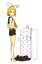 Rule 34 | 1girl, absurdres, aqua eyes, asgr, bad id, bad pixiv id, barefoot, blonde hair, flat chest, full body, hair ornament, hair ribbon, hairclip, highres, kagamine rin, ribbon, short hair, shorts, simple background, solo, standing, undressing, vocaloid, white background