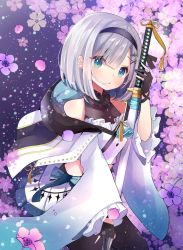 Rule 34 | 1girl, blue eyes, blush, cherry blossoms, commentary, flower, gloves, hair ornament, hairclip, highres, kaga sumire, katana, long sleeves, looking at viewer, lupinus virtual games, open mouth, petals, ribbon, short hair, silver hair, solo, sword, symbol-only commentary, virtual youtuber, vspo!, weapon, yatani row