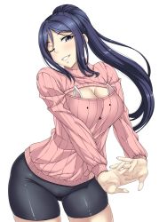 Rule 34 | 10s, 1girl, bike shorts, blue hair, breasts, cat lingerie, cleavage, eyebrows, fingers together, hair between eyes, highres, kinntarou, long hair, long sleeves, looking at viewer, love live!, love live! school idol festival, love live! sunshine!!, matsuura kanan, medium breasts, meme attire, one eye closed, open-chest sweater, open mouth, purple eyes, ribbed sweater, shiny clothes, shiny skin, simple background, solo, sweater, teeth, white background