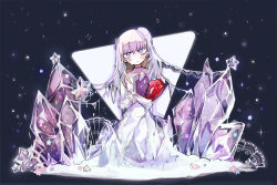 Rule 34 | 1girl, bare shoulders, blush, collar, commentary request, constricted pupils, crystal, dress, elbow gloves, gloves, glowing, head tilt, jitome, lace, light purple hair, long hair, original, purple eyes, sky, snow, solo, star (sky), star (symbol), starry sky, terada tera
