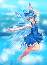 Rule 34 | 1girl, absurdres, arm above head, barefoot, blue eyes, blue hair, bow, cirno, cloud, flying, hair bow, highres, ice, ice wings, matching hair/eyes, open mouth, outstretched arm, short hair, short sleeves, sky, smile, snowflakes, solo, sparkle, touhou, wings, ytoy