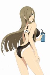 Rule 34 | 00s, 1girl, ass, blue eyes, breasts, brown hair, competition swimsuit, cowboy shot, cup, hair over one eye, highres, holding, large breasts, long hair, looking at viewer, looking back, official art, one-piece swimsuit, simple background, solo, swimsuit, tales of (series), tales of link, tales of the abyss, tear grants, white background