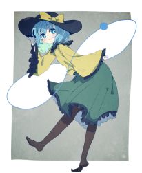 Rule 34 | 1girl, aoi (annbi), aqua eyes, aqua hair, black hat, black pantyhose, bow, bright pupils, closed mouth, frilled skirt, frilled sleeves, frills, full body, green skirt, grey background, hat, hat bow, highres, komeiji koishi, long sleeves, looking at viewer, no shoes, pantyhose, shirt, skirt, smile, solo, standing, touhou, wide sleeves, yellow bow, yellow shirt