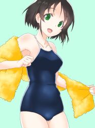 Rule 34 | 1girl, alternate hairstyle, bare shoulders, black hair, blue one-piece swimsuit, breasts, collarbone, cowboy shot, green eyes, harada miyo, highres, holding, holding towel, idolmaster, idolmaster cinderella girls, idolmaster cinderella girls starlight stage, large breasts, green background, looking at viewer, motogashi, one-piece swimsuit, open mouth, school swimsuit, short hair, simple background, smile, solo, standing, swimsuit, towel, yellow towel