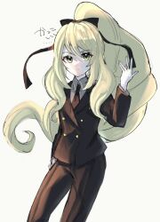 Rule 34 | 1girl, black jacket, black necktie, black pants, black ribbon, black suit, blonde hair, celine (fire emblem), closed mouth, collared shirt, fire emblem, fire emblem engage, formal, green eyes, hair ribbon, highres, jacket, leon0630claude, long hair, long sleeves, looking at viewer, necktie, nintendo, official alternate costume, official alternate hairstyle, pants, ponytail, ribbon, shirt, solo, suit, very long hair, white background