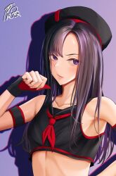 Rule 34 | 1girl, arm cuffs, artxeku, beret, black gloves, black hair, black shirt, breasts, collarbone, colored inner hair, crop top, eunhwa (nikke), fake nails, fingerless gloves, forehead, gloves, goddess of victory: nikke, hat, light blush, lips, long hair, looking at viewer, mole, mole under mouth, multicolored hair, neckerchief, parted bangs, purple eyes, purple hair, red gloves, red neckerchief, shirt, signature, small breasts, solo