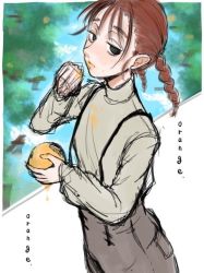 Rule 34 | 1girl, black eyes, blue sky, brown hair, closed mouth, cloud, dripping, english text, food, fruit, half-closed eyes, holding, holding food, holding fruit, maido mido, medium hair, orange (fruit), original, outdoors, overalls, sketch, sky, sleeves past wrists, solo, tree, turtleneck, twintails, wiping face