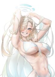 Rule 34 | 1girl, absurdres, armpits, arms up, asuna (blue archive), bare shoulders, bikini, blonde hair, blue archive, blue eyes, breasts, commentary, grin, highres, large breasts, long hair, looking at viewer, navel, simple background, smile, solo, stomach, swimsuit, upper body, uth 95, very long hair, white background, white bikini