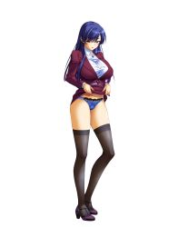 Rule 34 | 1girl, absurdres, aikawa arisa, black thighhighs, blue hair, blue panties, clothes lift, full body, high heels, highres, lace, lace-trimmed panties, lace trim, lifted by self, long hair, long sleeves, office lady, panties, skirt, skirt lift, solo, thighhighs, transparent background, underwear, yellow eyes