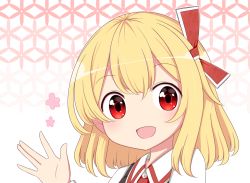Rule 34 | 1girl, :d, black vest, blonde hair, blush, commentary request, hair ribbon, long sleeves, looking at viewer, medium hair, open mouth, patterned background, portrait, red eyes, red neckwear, red ribbon, ribbon, rumia, shirt, simple background, smile, solo, takapi 3, touhou, vest, white shirt, ||/