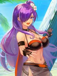 Rule 34 | 1girl, aoisu ao, beach, bikini, black bikini, black gloves, blue sky, breasts, cleavage, commentary, day, fingerless gloves, fire emblem, fire emblem: three houses, fire emblem heroes, fire emblem warriors: three hopes, flower, gloves, hair bun, hair flower, hair ornament, hair over one eye, highres, large breasts, long hair, looking at viewer, navel, nintendo, official alternate costume, one eye covered, open mouth, outdoors, purple eyes, purple hair, shez (female) (fire emblem), shez (female) (summer) (fire emblem), shez (fire emblem), single hair bun, sky, smile, solo, stomach, swimsuit, teeth, upper teeth only, very long hair, water, whistle, whistle around neck