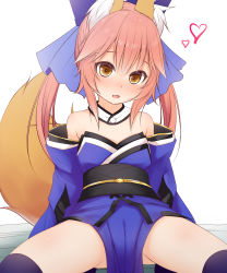 Rule 34 | 1girl, :d, absurdres, animal ear fluff, animal ears, bare shoulders, black thighhighs, blue bow, blue kimono, blush, bow, brown eyes, commentary request, detached collar, detached sleeves, fang, fate/extra, fate (series), fox ears, fox girl, fox tail, gluteal fold, hair bow, haryuu (poetto), heart, highres, japanese clothes, kimono, large bow, long hair, long sleeves, looking at viewer, no panties, obi, open mouth, pelvic curtain, pink hair, sash, simple background, sitting, smile, solo, spread legs, squatting, tail, tamamo (fate), tamamo no mae (fate/extra), thighhighs, twintails, white background, aged down