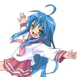 Rule 34 | &gt;:d, 00s, 1girl, :d, ahoge, blush, green eyes, izumi konata, long hair, long sleeves, looking at viewer, lowres, lucky star, mole, mole under eye, open mouth, outstretched arms, pleated skirt, red skirt, sailor collar, school uniform, serafuku, sidelocks, simple background, skirt, smile, solo, v-shaped eyebrows, very long hair, white background
