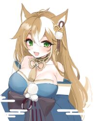 Rule 34 | 1girl, animal ears, bare shoulders, breasts, brown hair, cleavage, dog ears, dog girl, dog tail, fang, genshin impact, green eyes, hair between eyes, hair ornament, hina (genshin impact), japanese clothes, large breasts, long hair, looking at viewer, makeup, open mouth, paw print, pom pom (clothes), pom pom hair ornament, saburou 03, simple background, sketch, solo, tail, tassel, white background, white hair
