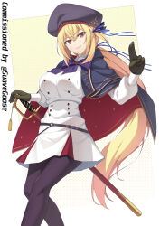 Rule 34 | 1girl, artoria caster (fate), artoria caster (fate) (cosplay), artoria caster (second ascension) (fate), artoria pendragon (fate), azur lane, belt, beret, black gloves, black hat, blonde hair, blush, bow, breasts, cape, capelet, coat, commission, cosplay, dress, fate/grand order, fate (series), gloves, hair between eyes, hair ribbon, hat, highres, holding, holding weapon, jacket, king george v (azur lane), large breasts, long hair, long sleeves, looking at viewer, mzrz, open mouth, pantyhose, peaked cap, red eyes, ribbon, scarf, shirt, sidelocks, simple background, skirt, smile, solo, sword, twintails, uniform, very long hair, voice actor connection, weapon, white gloves