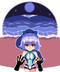 Rule 34 | 1girl, beach, blue one-piece swimsuit, competition swimsuit, fate/grand order, fate (series), full moon, highleg, highleg swimsuit, holding hands, long hair, moon, night, night sky, ocean, one-piece swimsuit, orange eyes, pixel art, ponytail, pov, pov hands, random dot, silver hair, sky, smile, solo, striped clothes, striped one-piece swimsuit, swimsuit, tomoe gozen (fate), tomoe gozen (swimsuit saber) (fate), tomoe gozen (swimsuit saber) (first ascension) (fate), white one-piece swimsuit