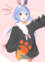 Rule 34 | 1girl, :d, absurdres, alternate costume, alternate hairstyle, animal ear fluff, animal ears, bad id, bad pixiv id, black shirt, blue hair, carrot print, casual, catchphrase, commentary, cowboy shot, don-chan (usada pekora), eyelashes, food print, fur scarf, highres, hololive, light blue hair, long hair, looking at viewer, nametarou (meron), open mouth, oversized clothes, pink background, rabbit-shaped pupils, rabbit ears, red eyes, shirt, simple background, smile, solo, symbol-shaped pupils, thick eyebrows, twintails, usada pekora, virtual youtuber