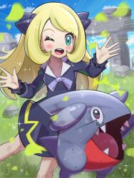 Rule 34 | 1girl, aged down, aqua eyes, blonde hair, blue dress, blue sky, blush, collarbone, commentary request, creatures (company), cynthia (pokemon), dress, fangs, frilled sleeves, frills, game freak, gen 4 pokemon, gible, grass, hair ornament, highres, inana umi, leaf, light particles, long hair, motion blur, motion lines, nintendo, one eye closed, open mouth, outdoors, outstretched arms, pokemon, pokemon (anime), pokemon (creature), pokemon journeys, ribbon, sky, surprised, sweatdrop