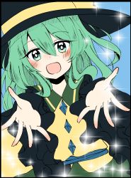 Rule 34 | 1girl, black border, black hat, blouse, blue background, blush, border, bright pupils, buttons, diamond button, diffraction spikes, eyes visible through hair, frilled shirt collar, frilled sleeves, frills, green eyes, green skirt, hair between eyes, hat, hat ribbon, highres, komeiji koishi, long sleeves, looking at viewer, medium hair, open mouth, outstretched hand, ribbon, shirt, skirt, smile, solo, touhou, upper body, wavy hair, white pupils, wide sleeves, yellow ribbon, yellow shirt, ying1hua1