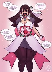 Rule 34 | 1girl, adapted costume, aged up, angry, bouquet, breasts, bride, brown hair, cleavage, cobat, comic, dress, earrings, english text, flower, glitter, green eyes, highres, holding, holding bouquet, jewelry, large breasts, mega man (series), mega man legends (series), miniskirt, open mouth, pantyhose, shouting, skirt, solo, tearing up, thighs, tron bonne (mega man), tsundere, wedding dress, wide hips