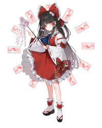 Rule 34 | 1girl, absurdres, detached sleeves, expressionless, gohei, hakurei reimu, highres, holding, holding gohei, jacket, kani nyan, looking at viewer, nontraditional miko, red jacket, red skirt, skirt, solo, spell card, touhou, white background, white sleeves