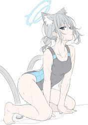 Rule 34 | 1girl, animal ear fluff, animal ears, bare legs, barefoot, black one-piece swimsuit, blue archive, blue eyes, blush, breasts, competition swimsuit, cross, cross hair ornament, earrings, extra ears, feet, flat color, full body, grey hair, hair ornament, hair tie, halo, highres, jewelry, masabodo, medium breasts, medium hair, official alternate costume, one-piece swimsuit, shiroko (blue archive), shiroko (swimsuit) (blue archive), side ponytail, sidelocks, simple background, solo, stud earrings, swimsuit, wet, wolf ears